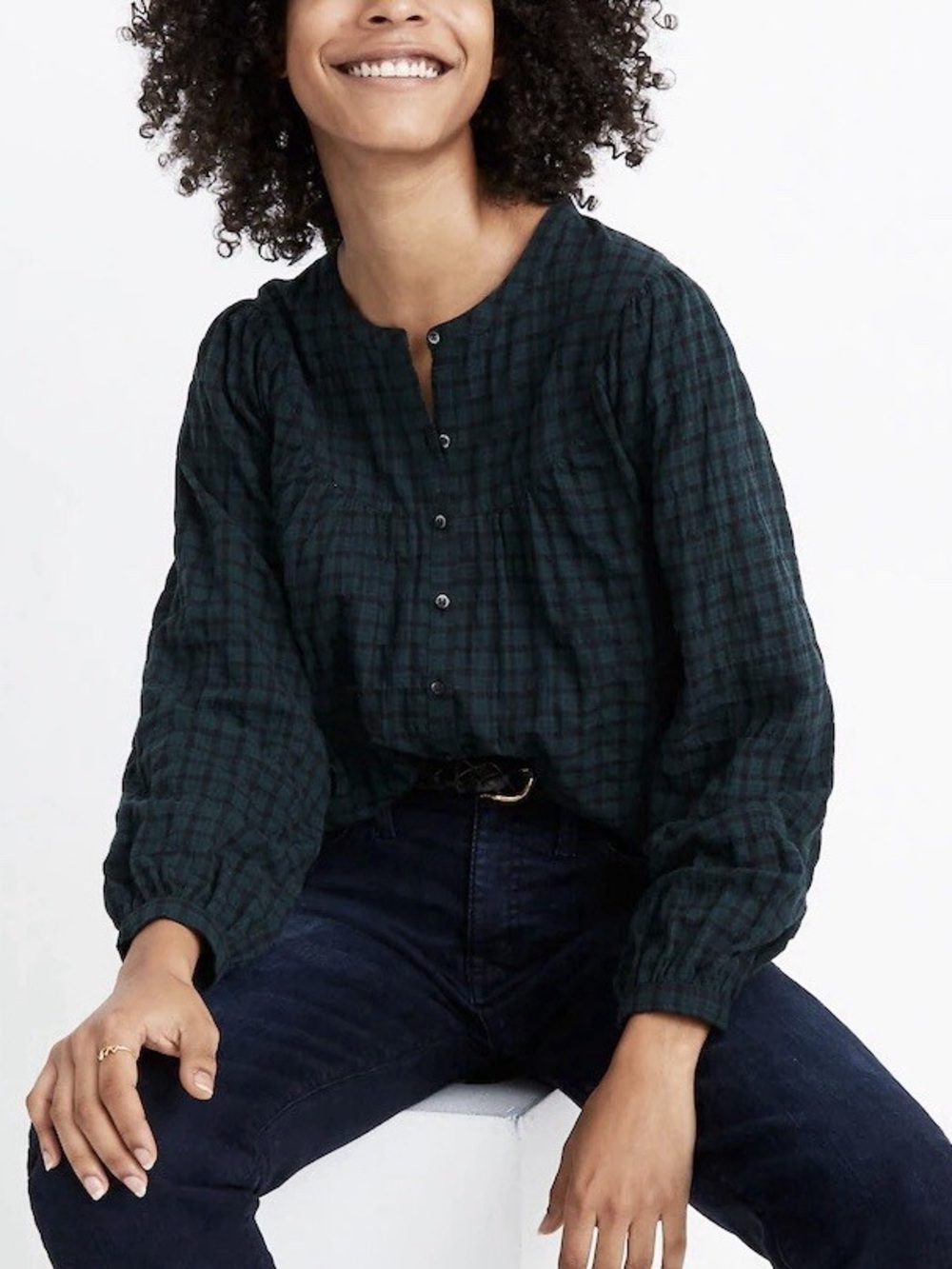 Madewell Plaid Balloon Sleeve Peasant Top Small